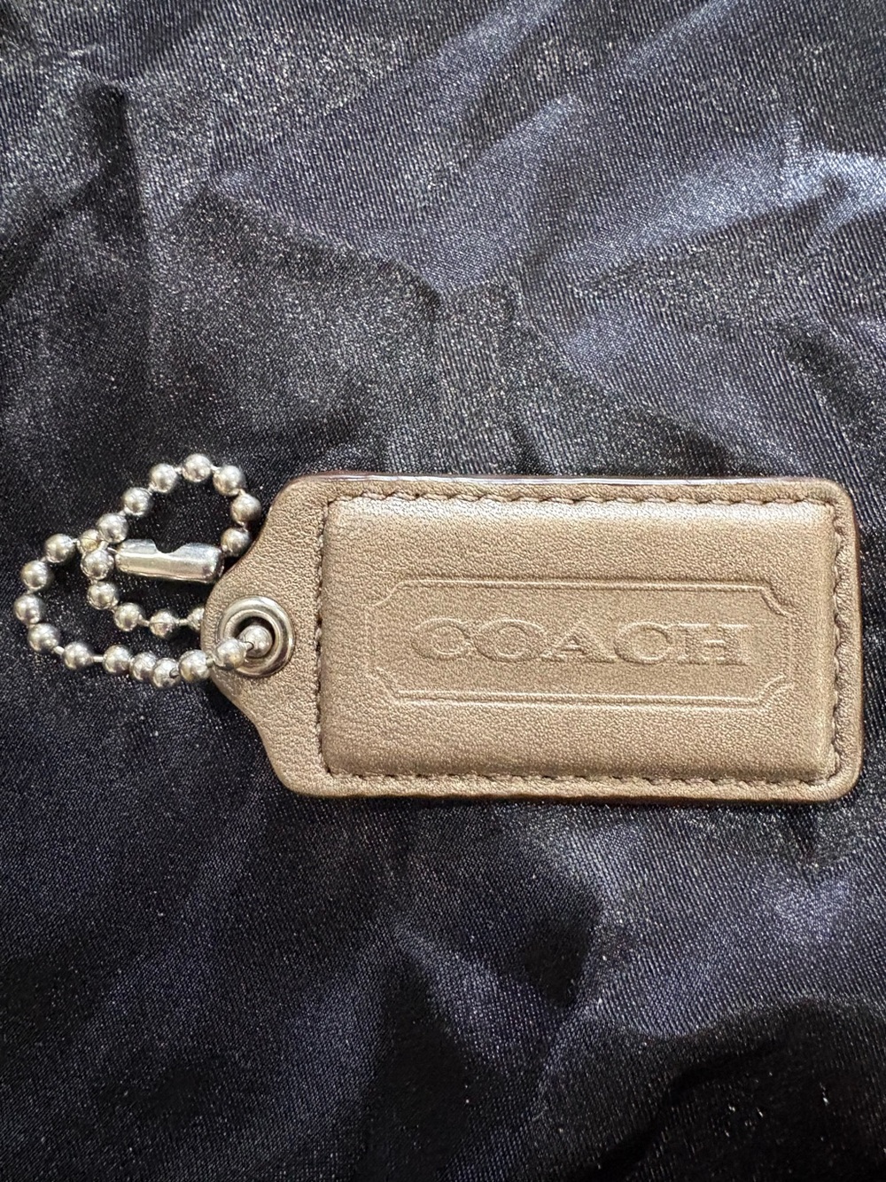 Coach Metallic Taupe Leather Key Tag with Ball Chain